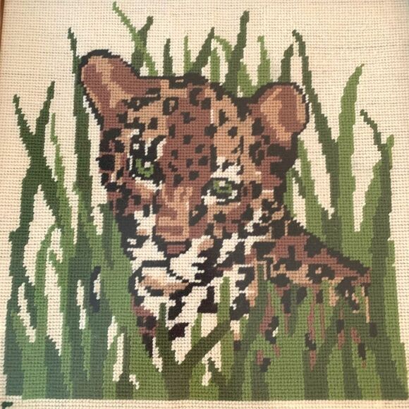 Vintage 1970’s Jungle Leopard Needlepoint Framed Art - Picture 3 of 7